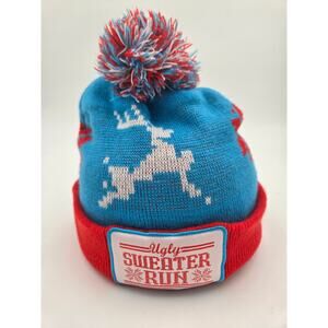 Ugly Sweater Run Pom Pom Beanie Knit Winter Hat Red Blue Unisex